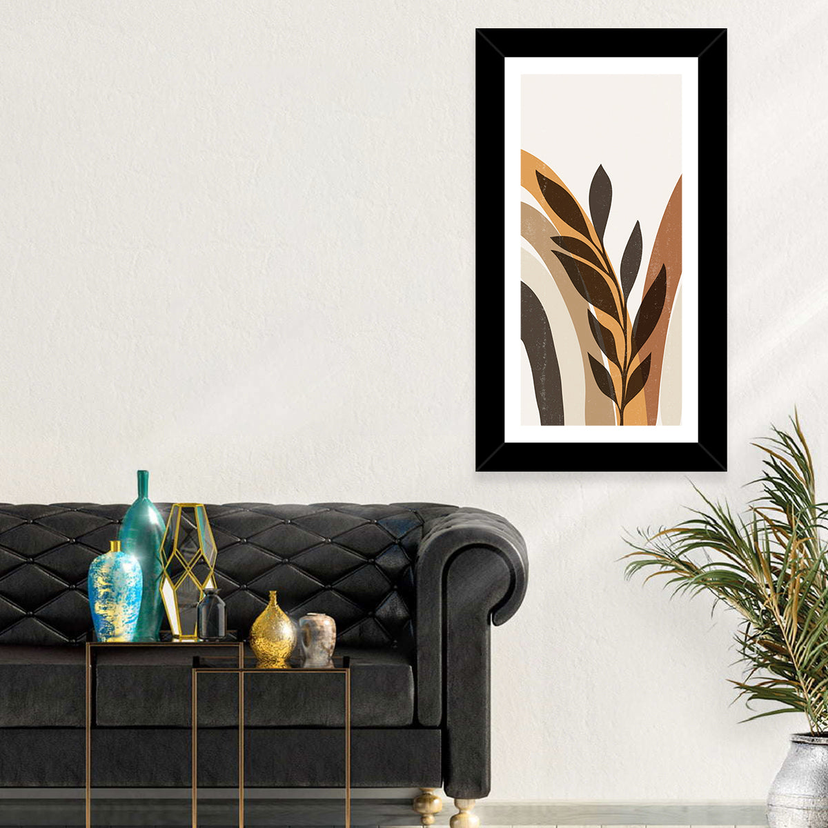 Tropical Boho Leaf Arches Wall Art in a room, portrait