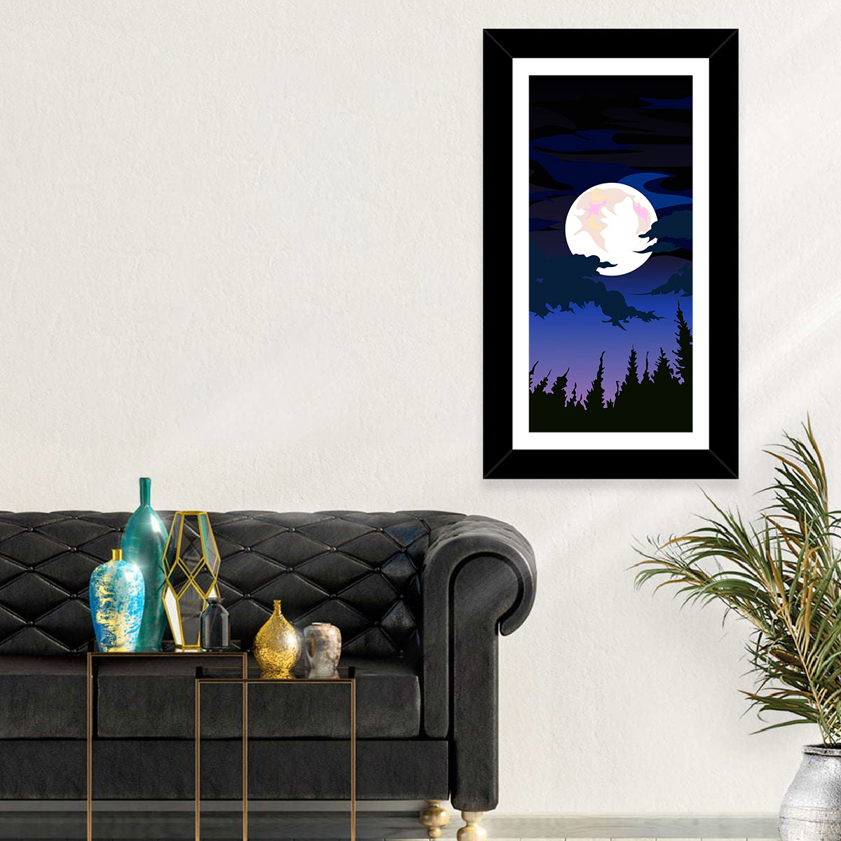 Dark Moon Over Forest Wall Art in a room, portrait