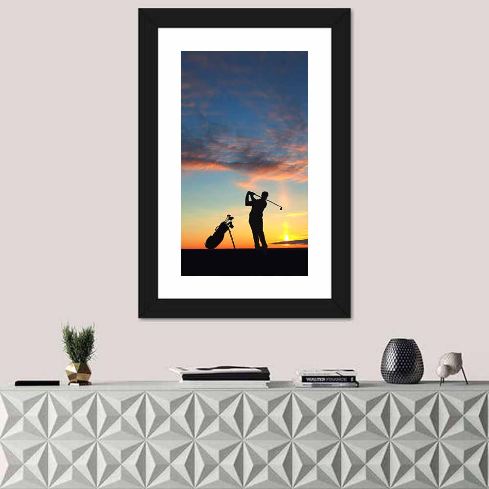 Sunset Golfer Silhouette Wall Art in a room, portrait