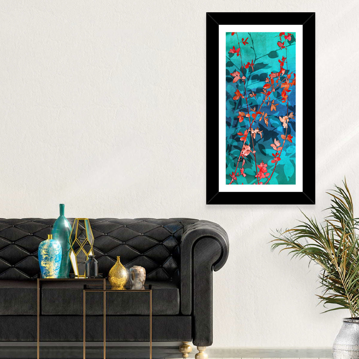 Red Leaf Branches Wall Art in a room, portrait