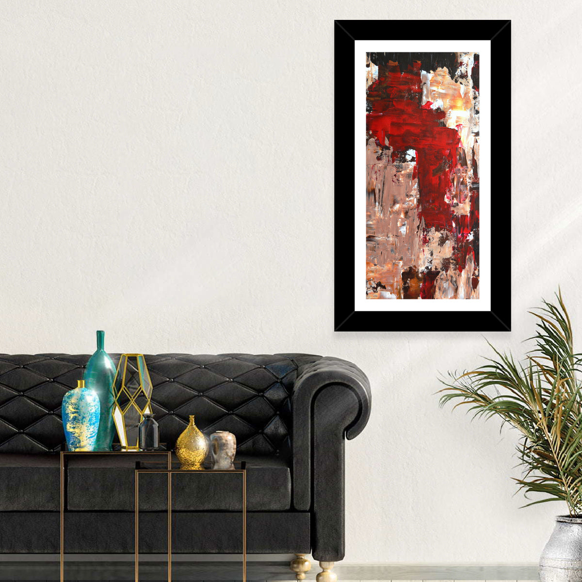 Splash of Red Abstract Wall Art in a room, portrait
