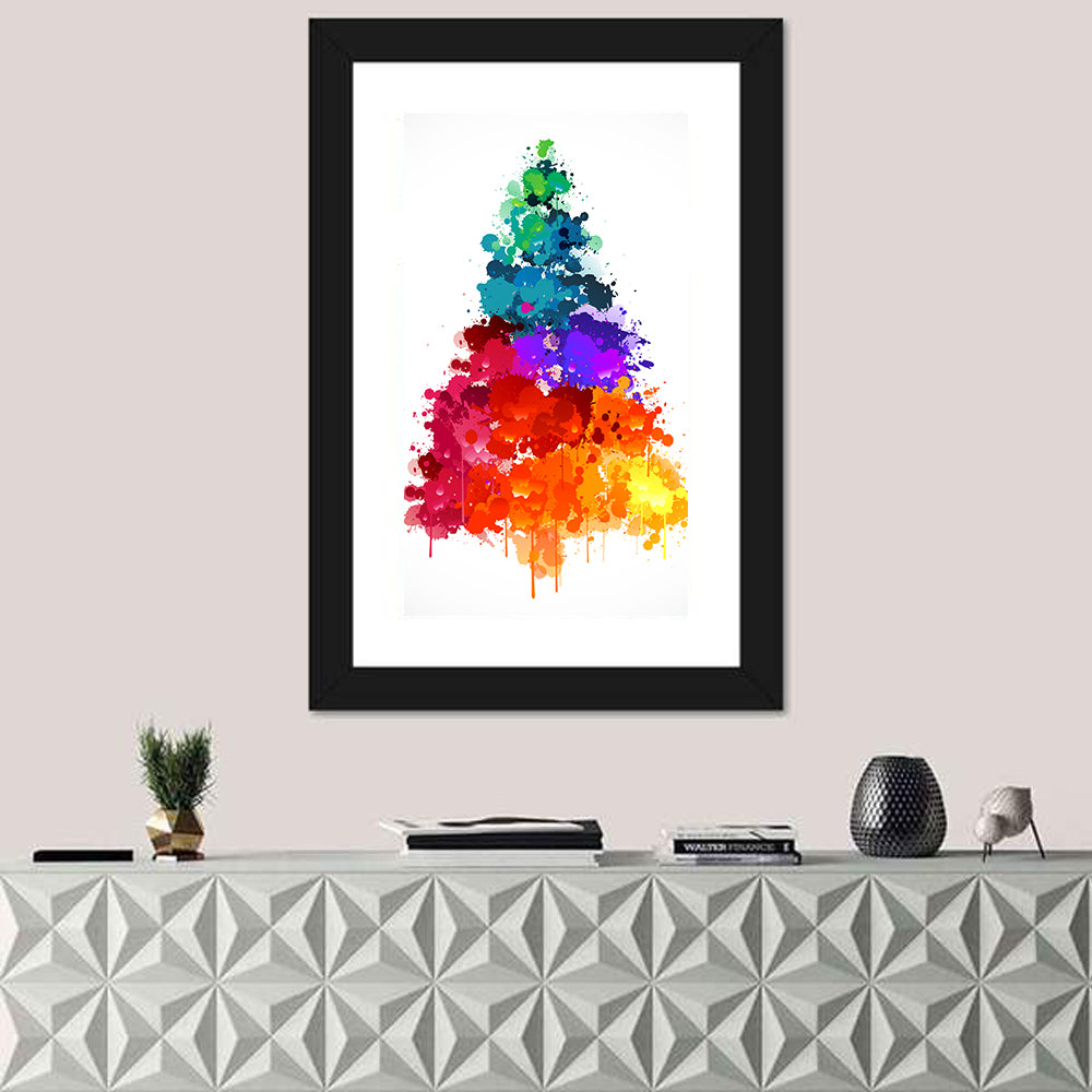 Watercolor Rainbow Christmas Tree Wall Art in a room, portrait