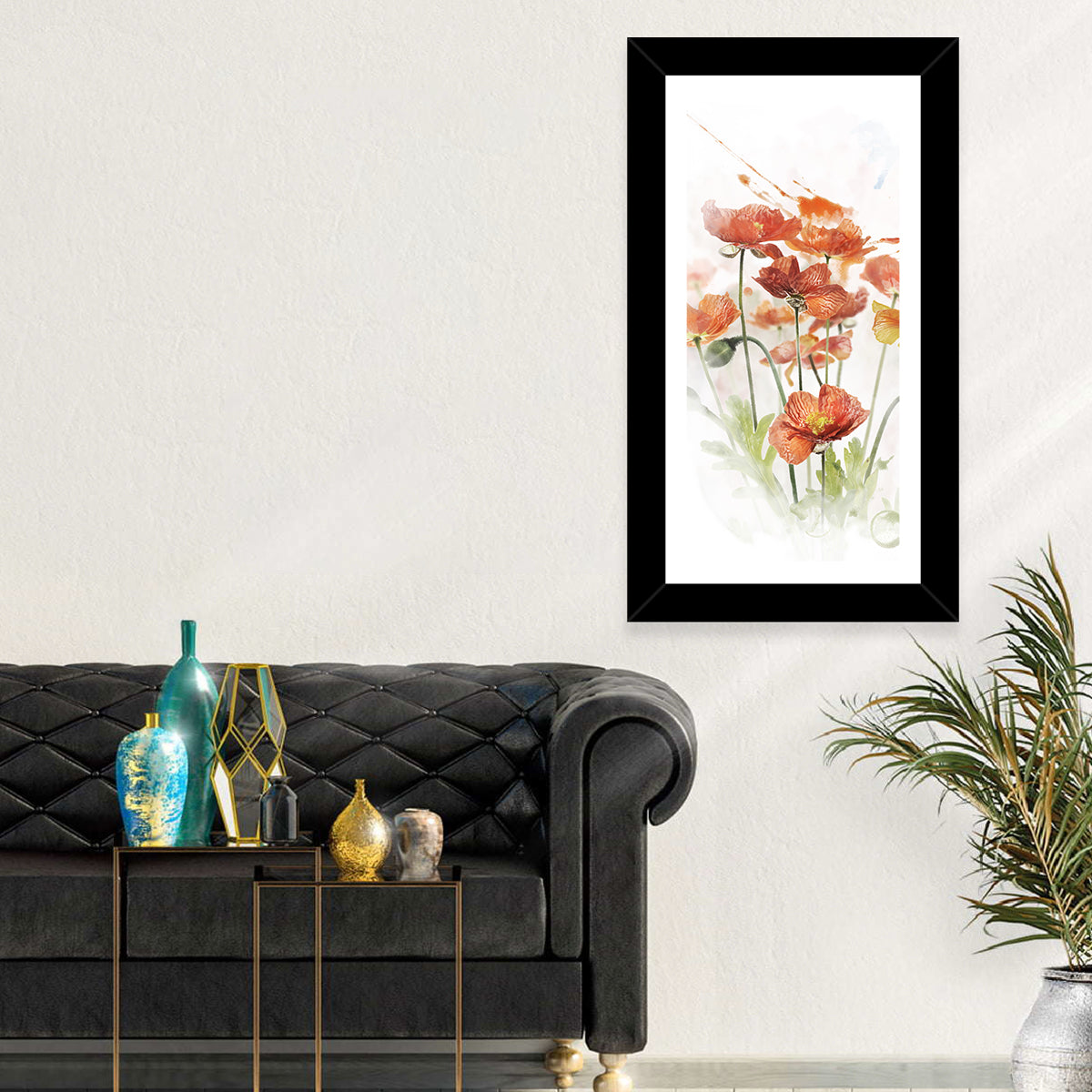 Orange Poppy Cluster Wall Art in a room, portrait