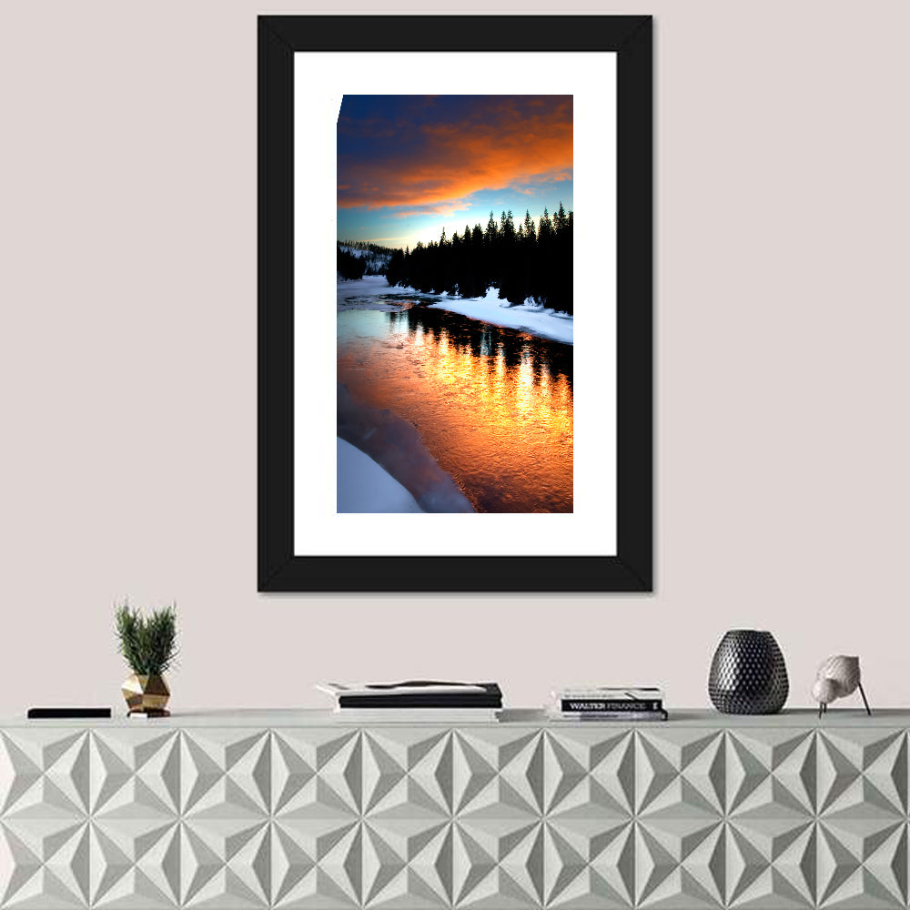 Golden Sunset Over Snowy River Wall Art in a room, portrait