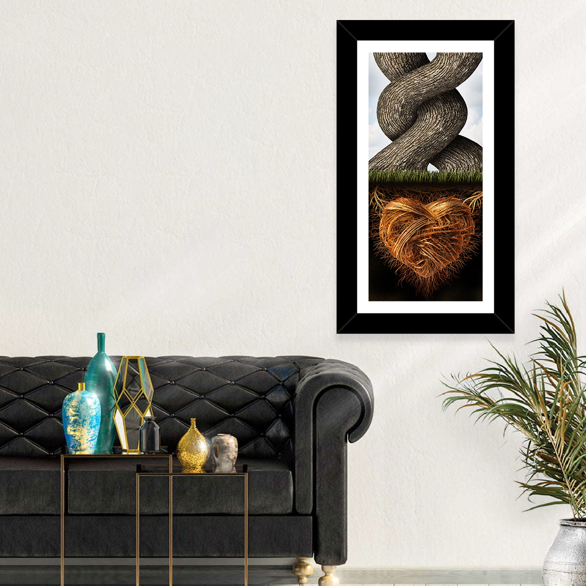 Intertwined Trees with Heart-shaped Roots Wall Art in a room, portrait