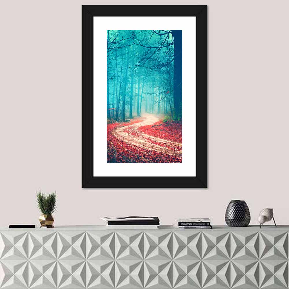 Misty Vintage Forest Road Wall Art in a room, portrait