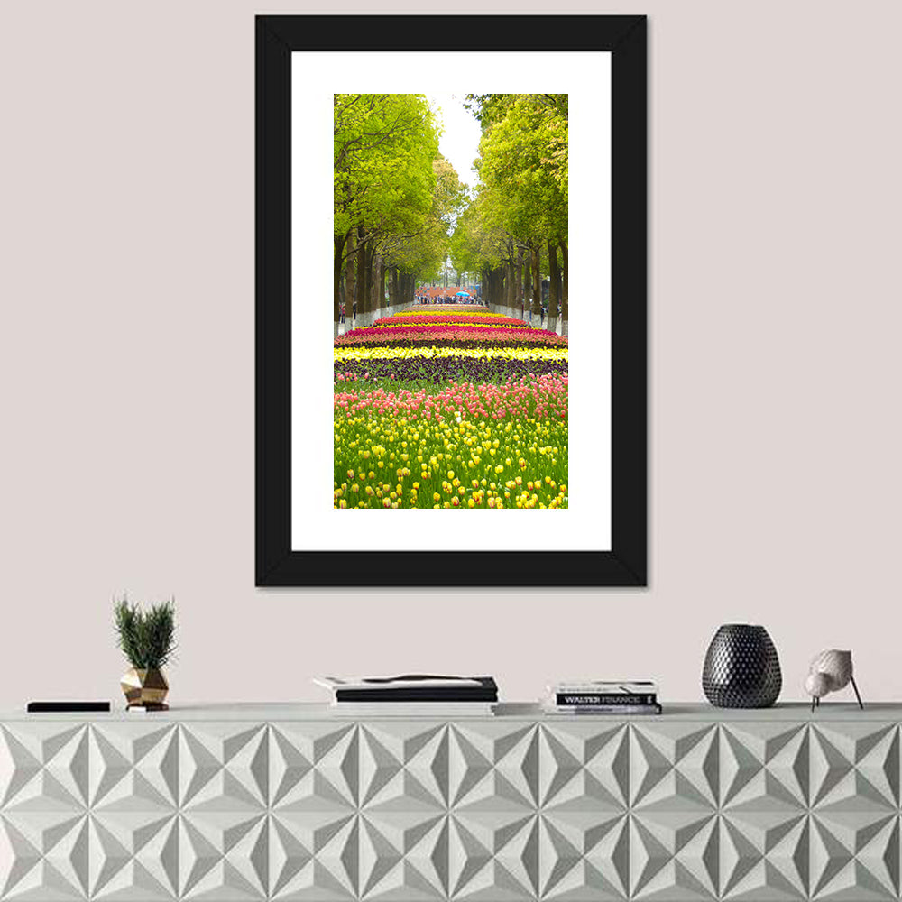 Tree-lined Tulip Garden Path Wall Art in a room, portrait