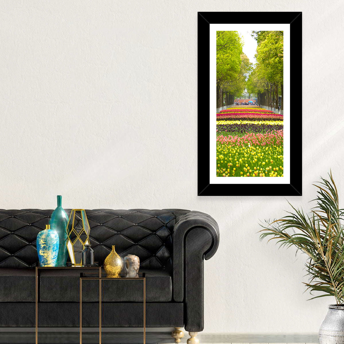 Tree-lined Tulip Garden Path Wall Art in a room, portrait