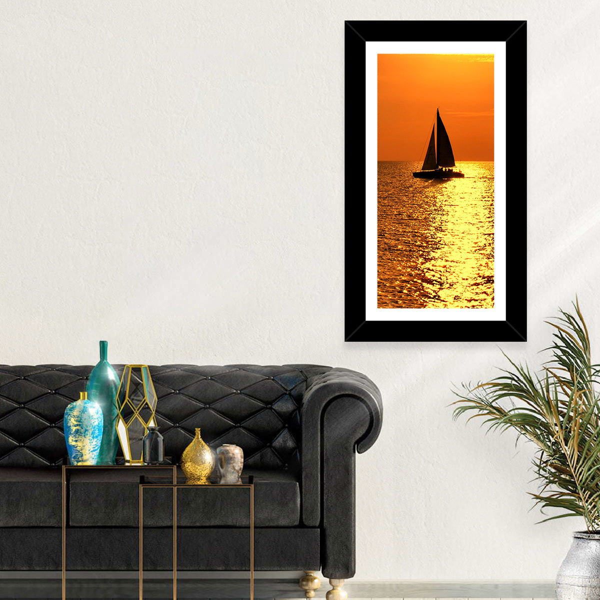 Sailboat Silhouette at Golden Sunset Wall Art in a room, portrait