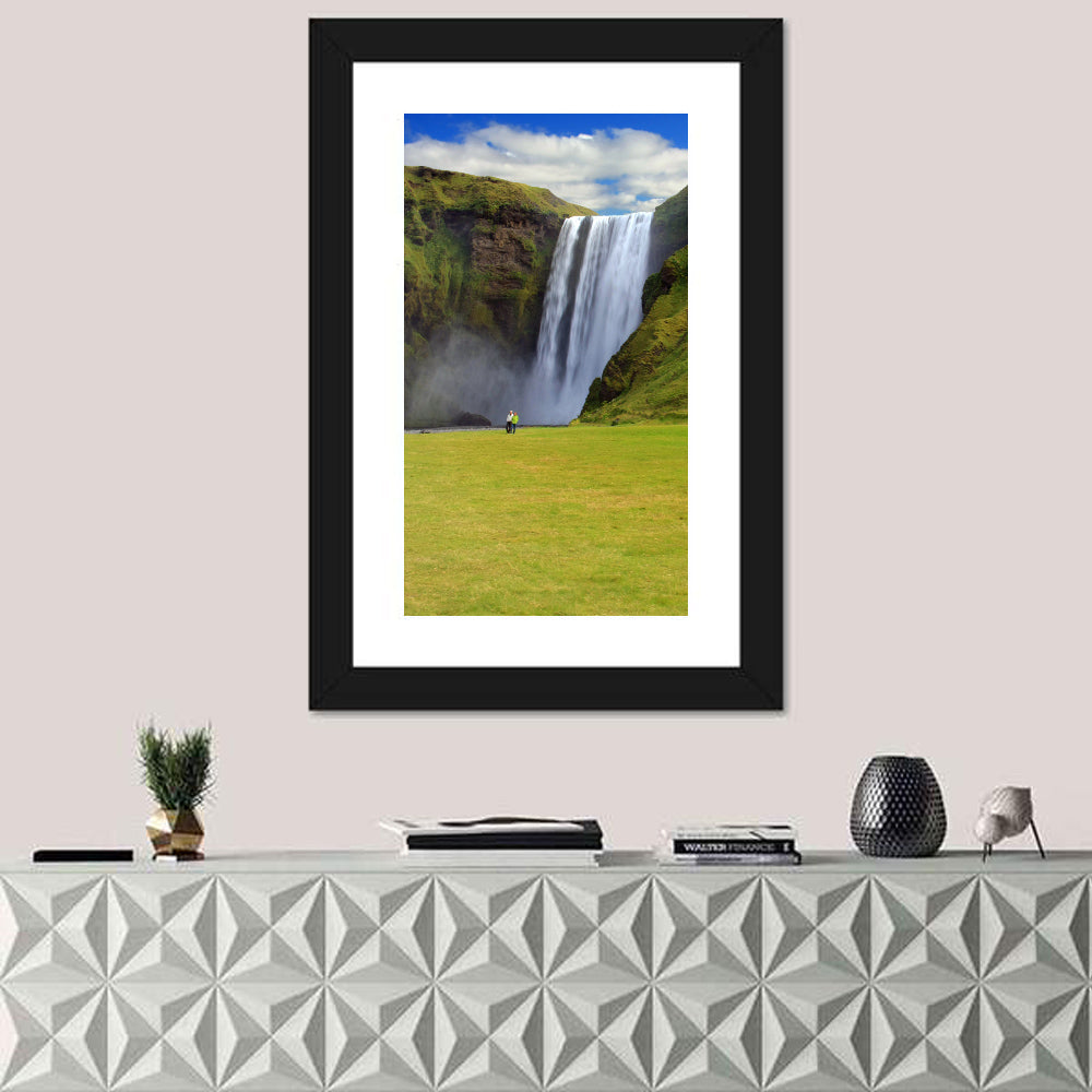 Skógafoss Waterfall Wall Art in a room, portrait