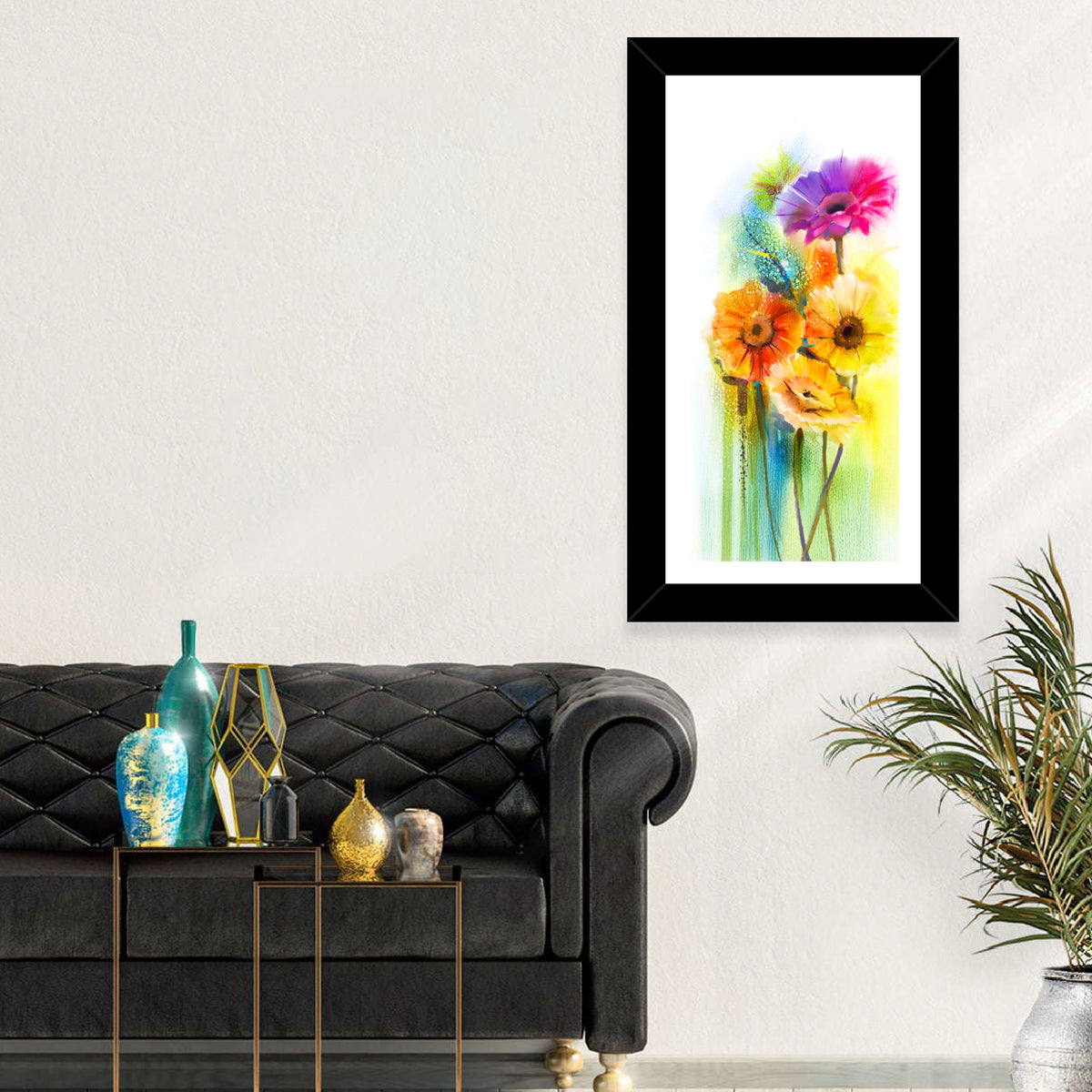 Gerbera Daisy Watercolor Bouquet Wall Art in a room, portrait