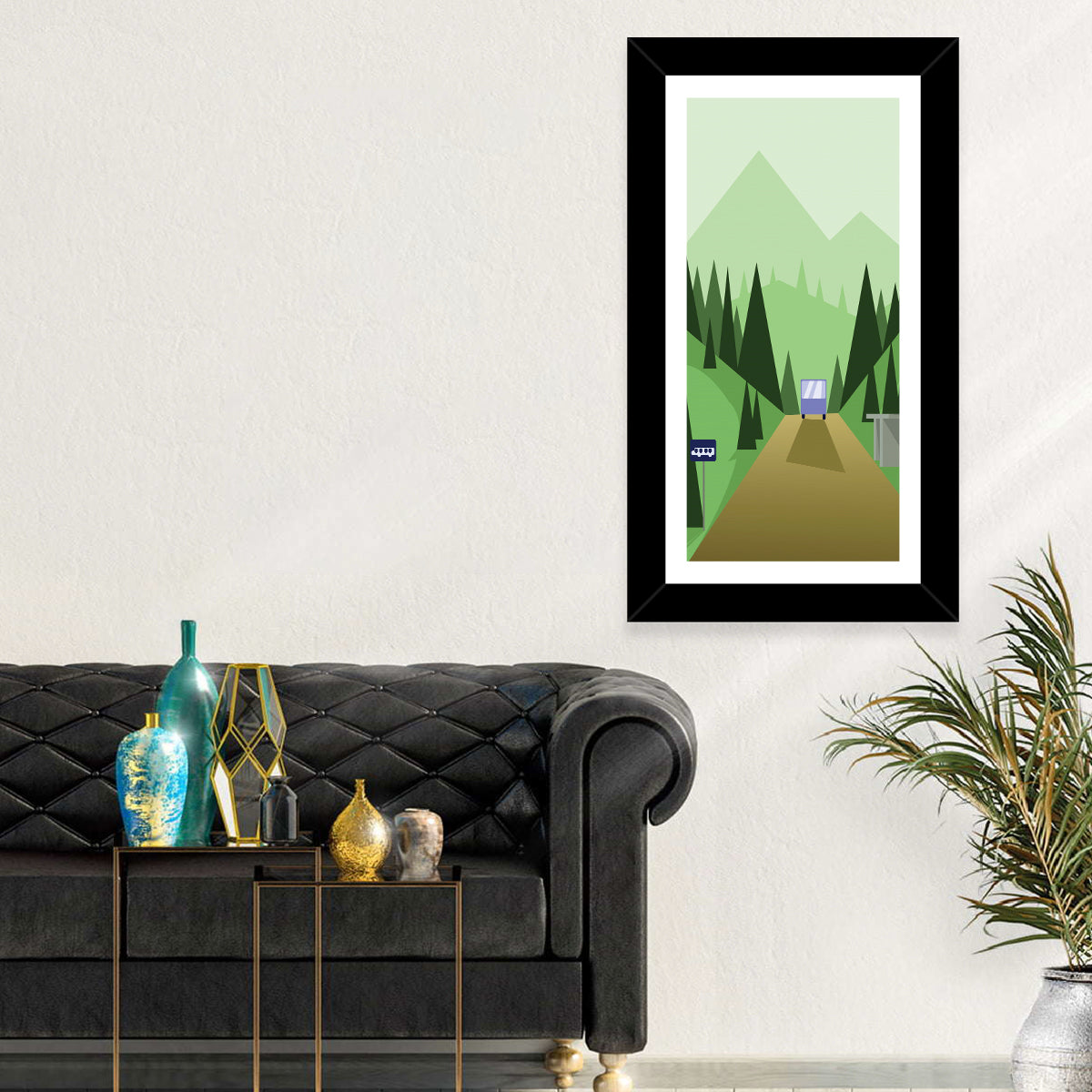 Mountain Road Bus Stop Illustration Wall Art