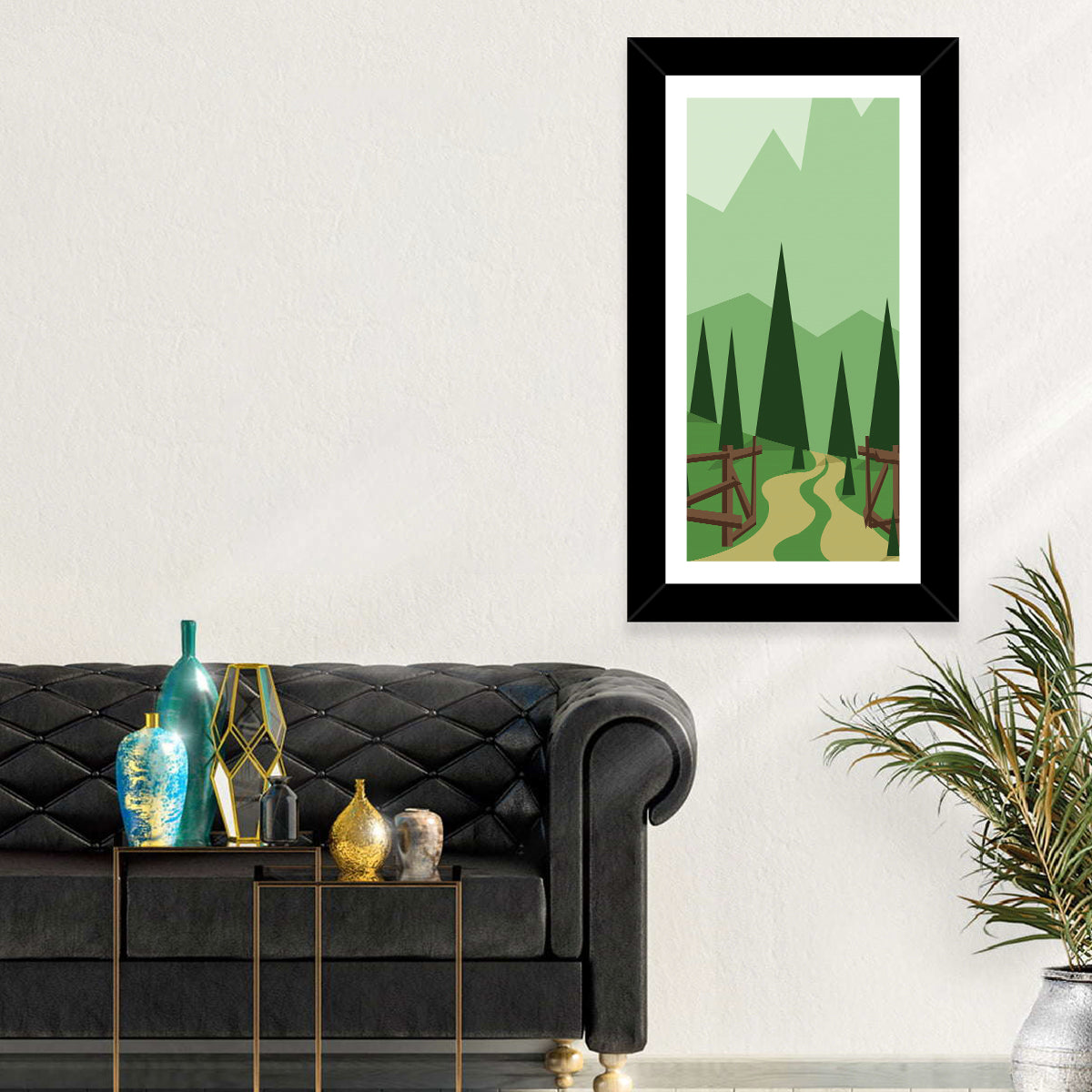 Winding Forest Path Wall Art in a room, portrait