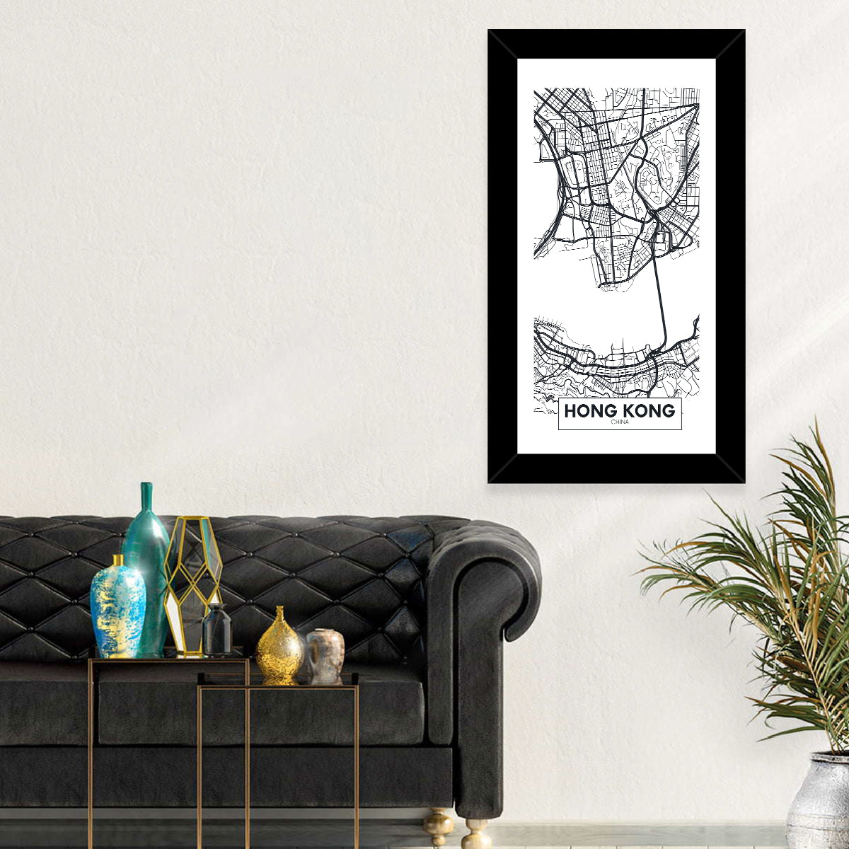 Hong Kong Aerial Map Wall Art in a room, portrait