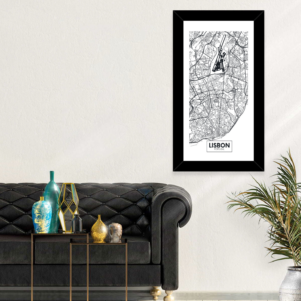 Lisbon Schematic Map Wall Art in a room, portrait