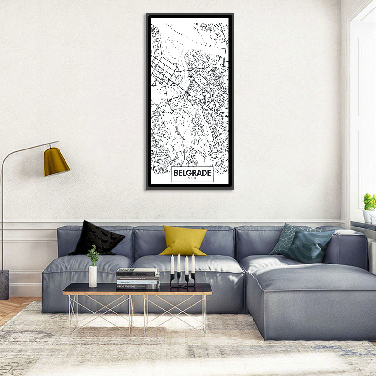 Minimalist Belgrade Map Wall Art in a room, portrait