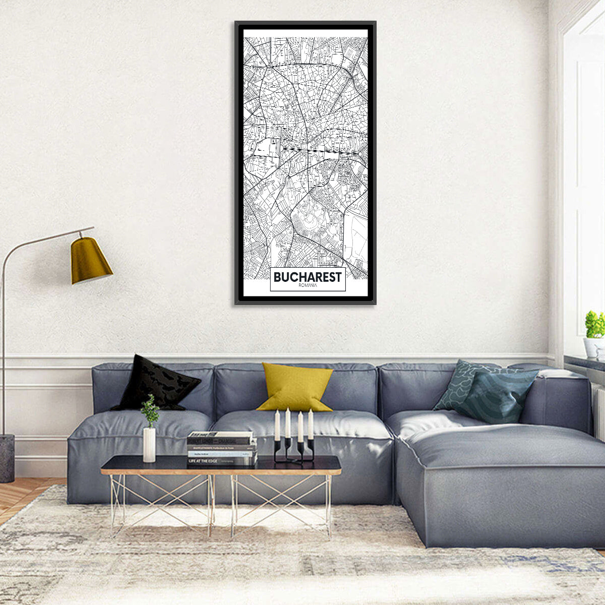 Bucharest City Map Wall Art in a room, portrait