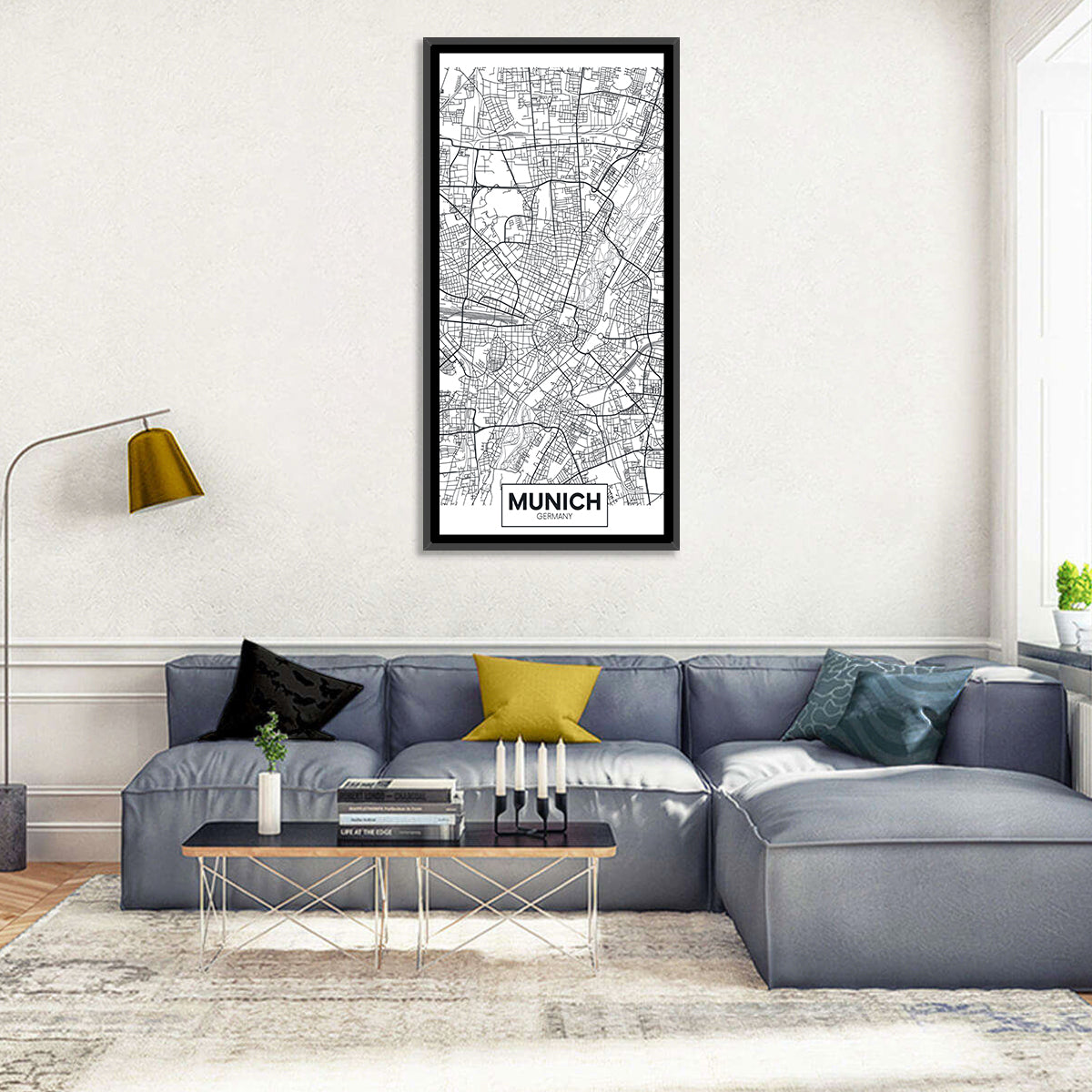 Munich City Map Wall Art in a room, portrait