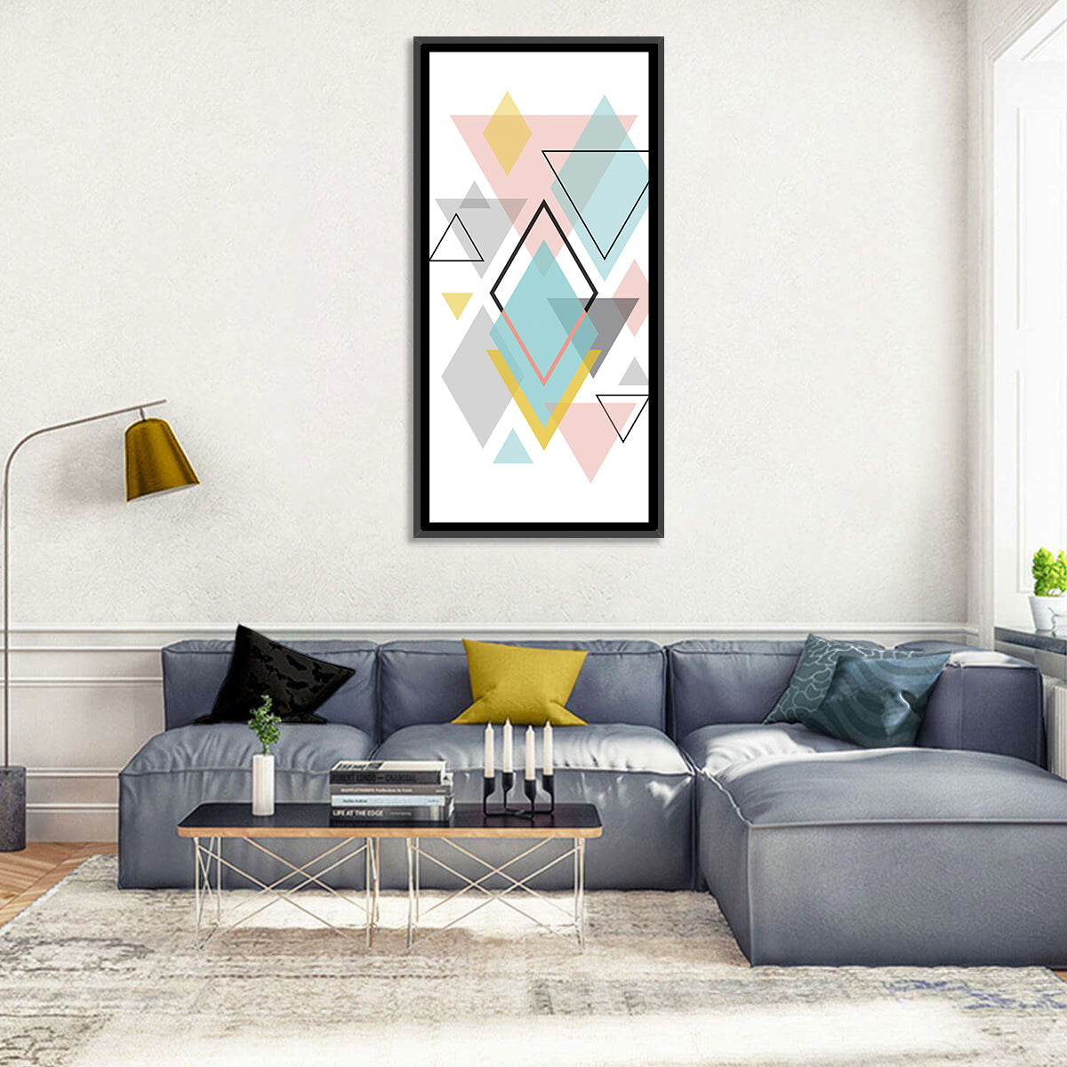 Scandinavian Geometric Pastel Composition Wall Art in a room, portrait
