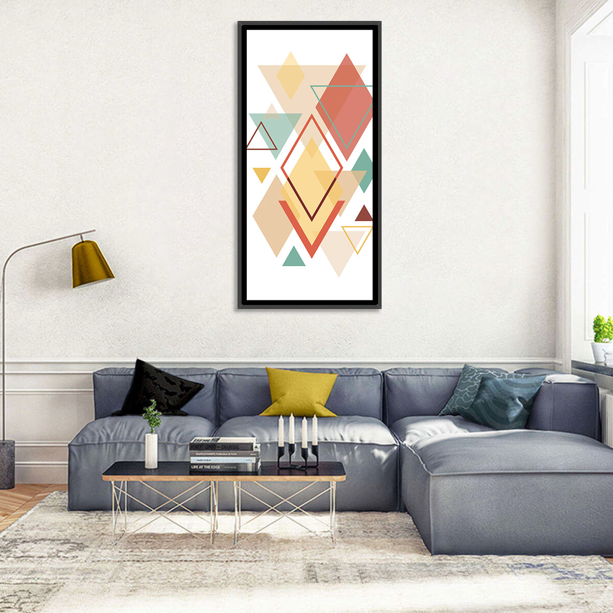 Layered Scandinavian Geometric Abstract Wall Art in a room, portrait