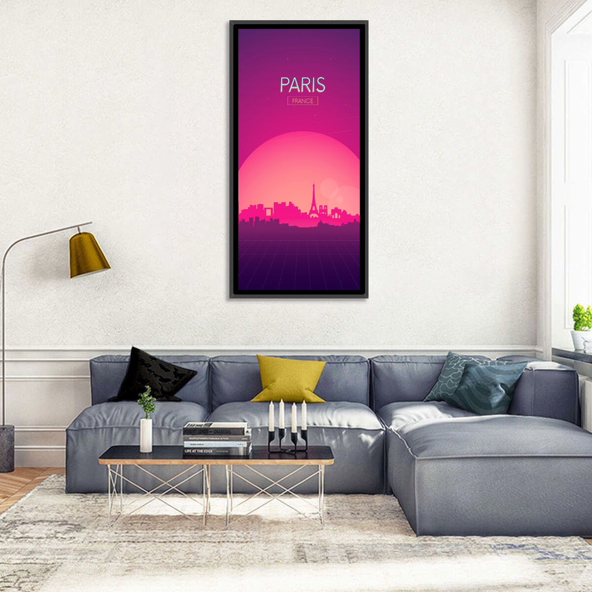 Paris Synthwave Skyline Wall Art in a room, portrait