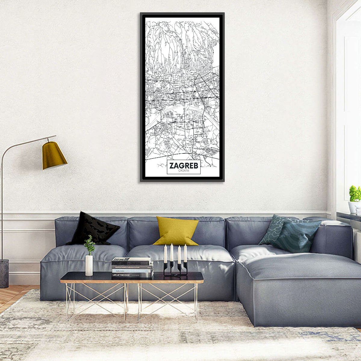 Zagreb City Map Wall Art in a room, portrait