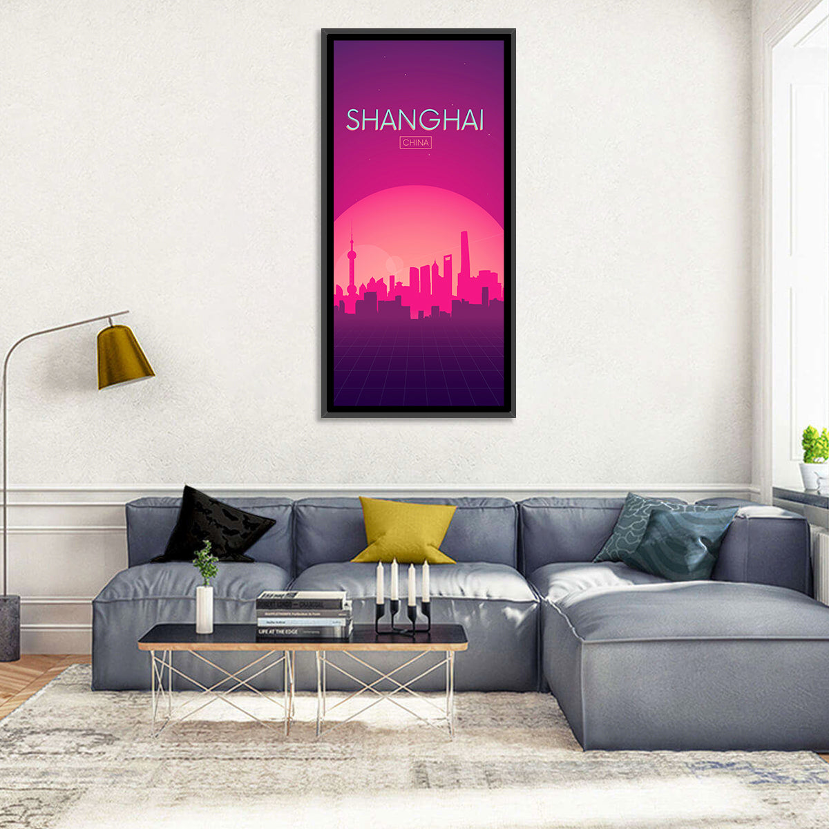 Shanghai Neon Sunset Skyline Wall Art in a room, portrait