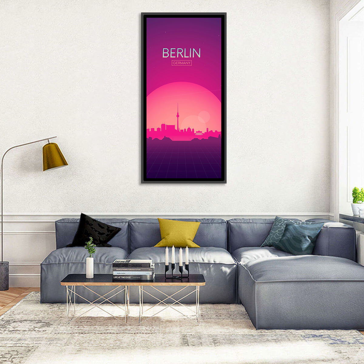 Berlin Tv Tower Synthwave Skyline Wall Art in a room, portrait
