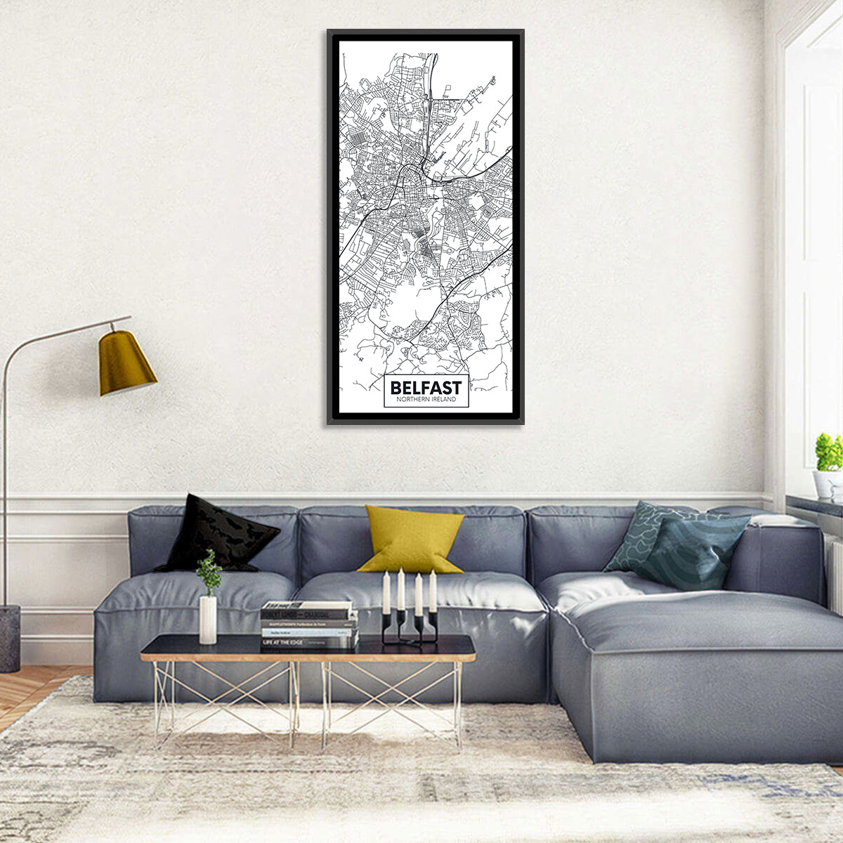 Belfast City Map Wall Art in a room, portrait
