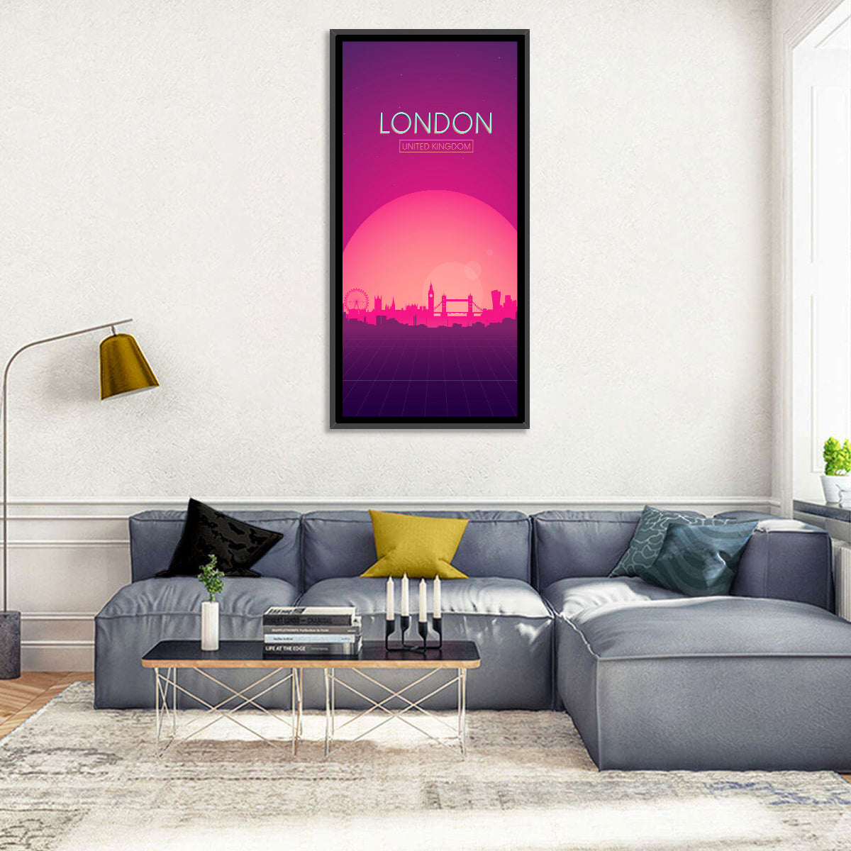 Retro London Sunset Skyline Wall Art in a room, portrait