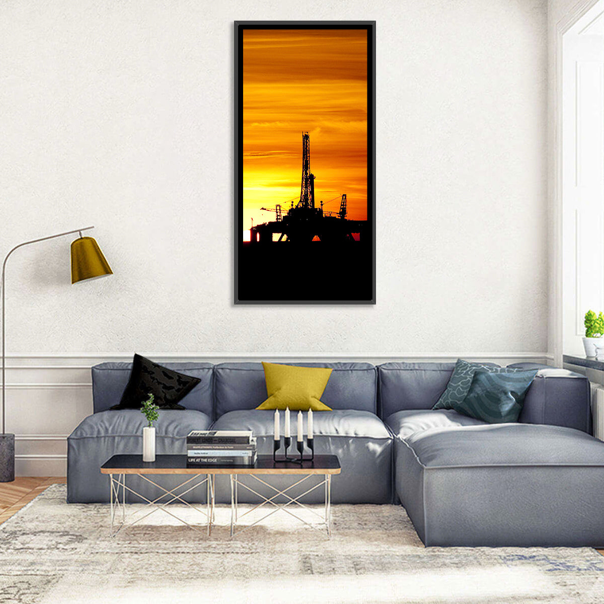 Offshore Oil Rig at Sunset Wall Art in a room, portrait