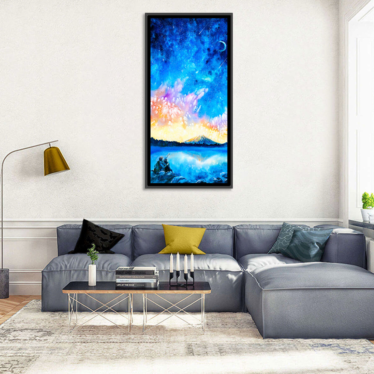 Starry Night Mountain Lake Wall Art in a room, portrait