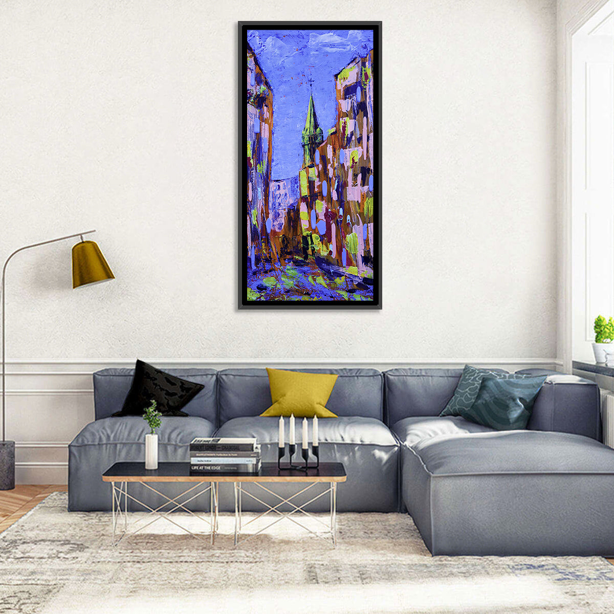 Old City Street with Steeple Wall Art in a room, portrait