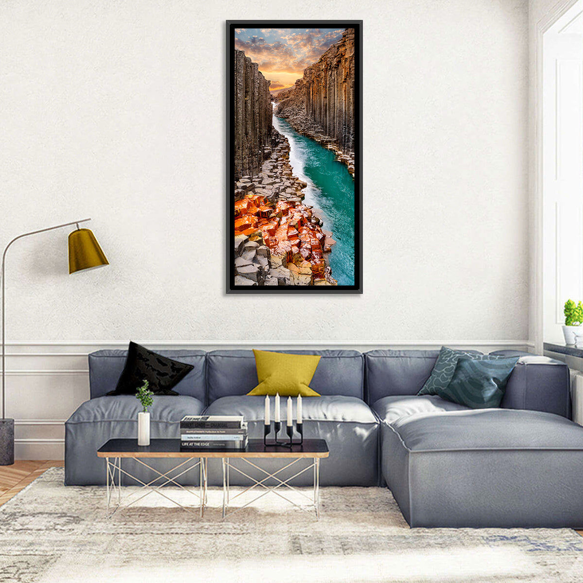 Stuðlagil Canyon Basalt Columns at Golden Hour Wall Art in a room, portrait
