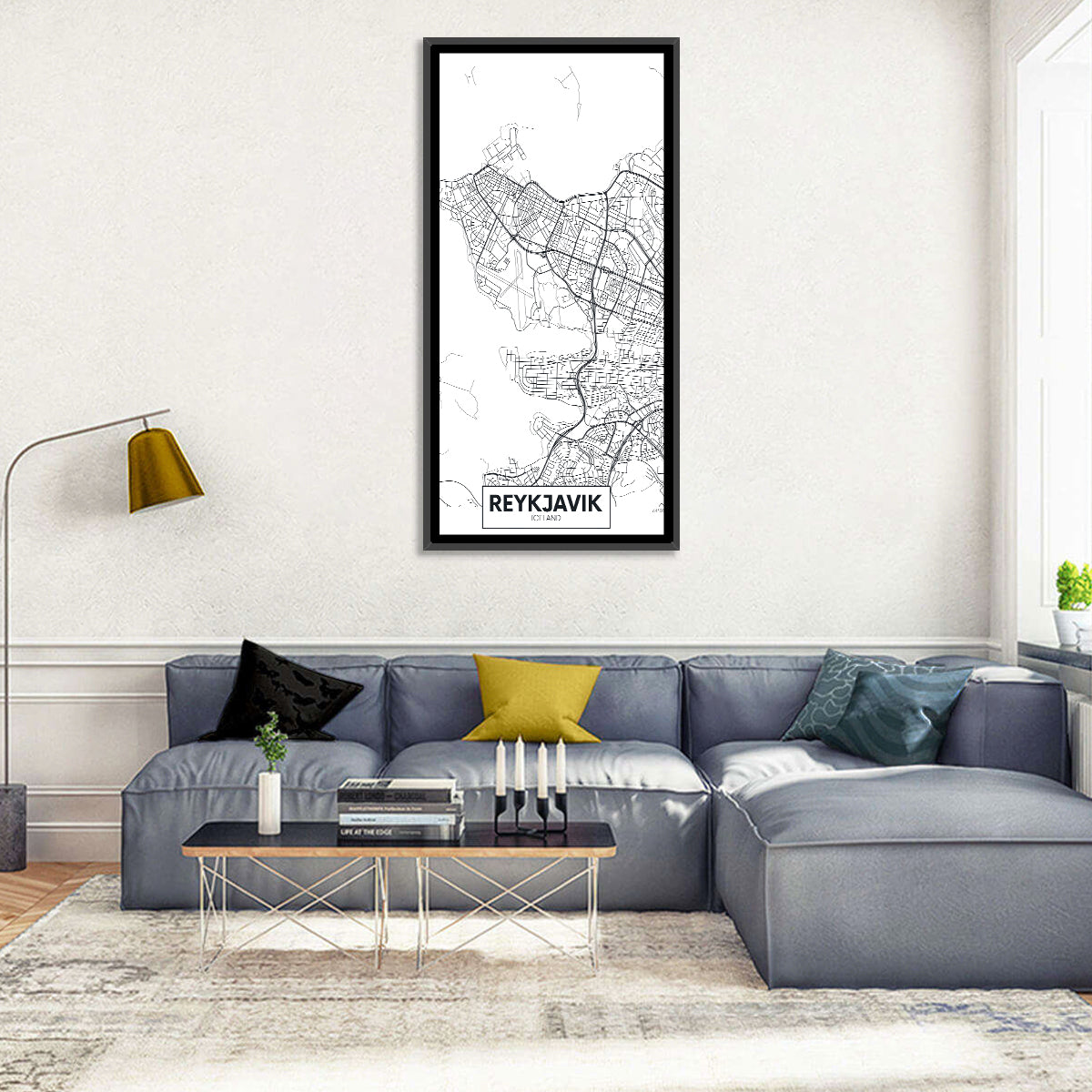 Reykjavik Aerial Map with Runway Wall Art in a room, portrait