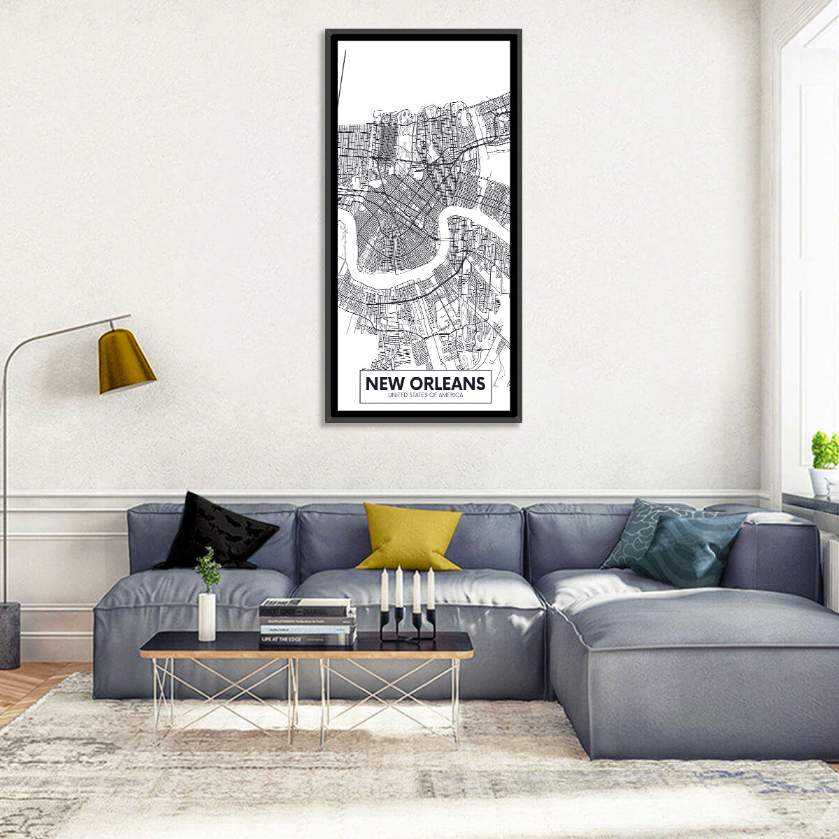New Orleans Minimalist City Map Wall Art in a room, portrait