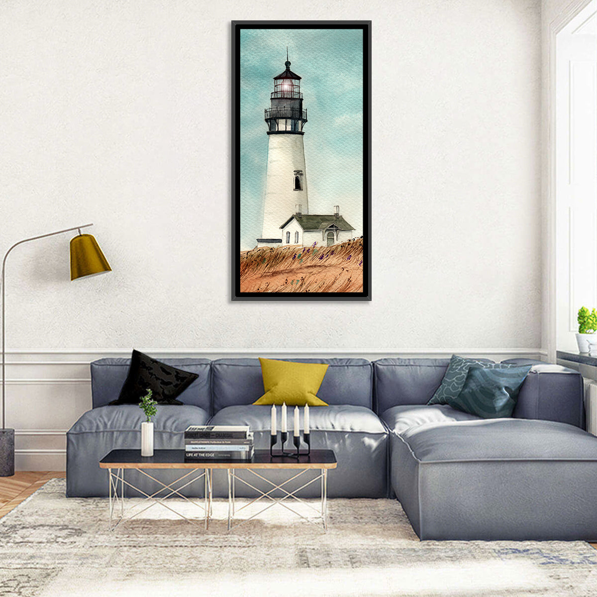 Lighthouse Over Grassy Dune Wall Art in a room, portrait