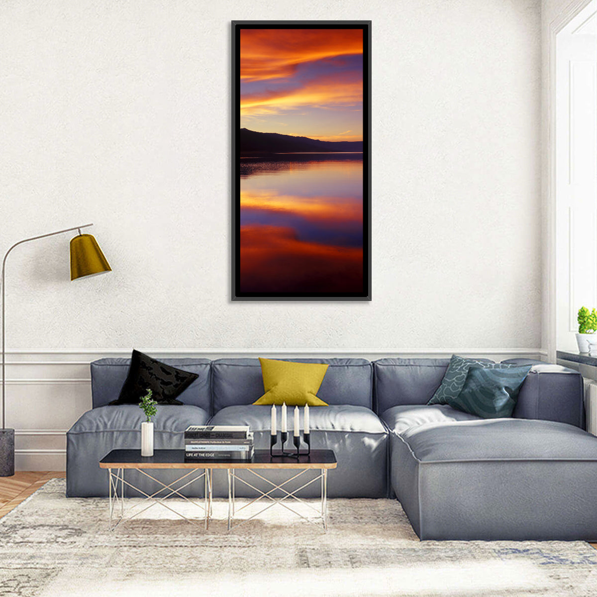 Dusk Over Mountain Lake Wall Art in a room, portrait