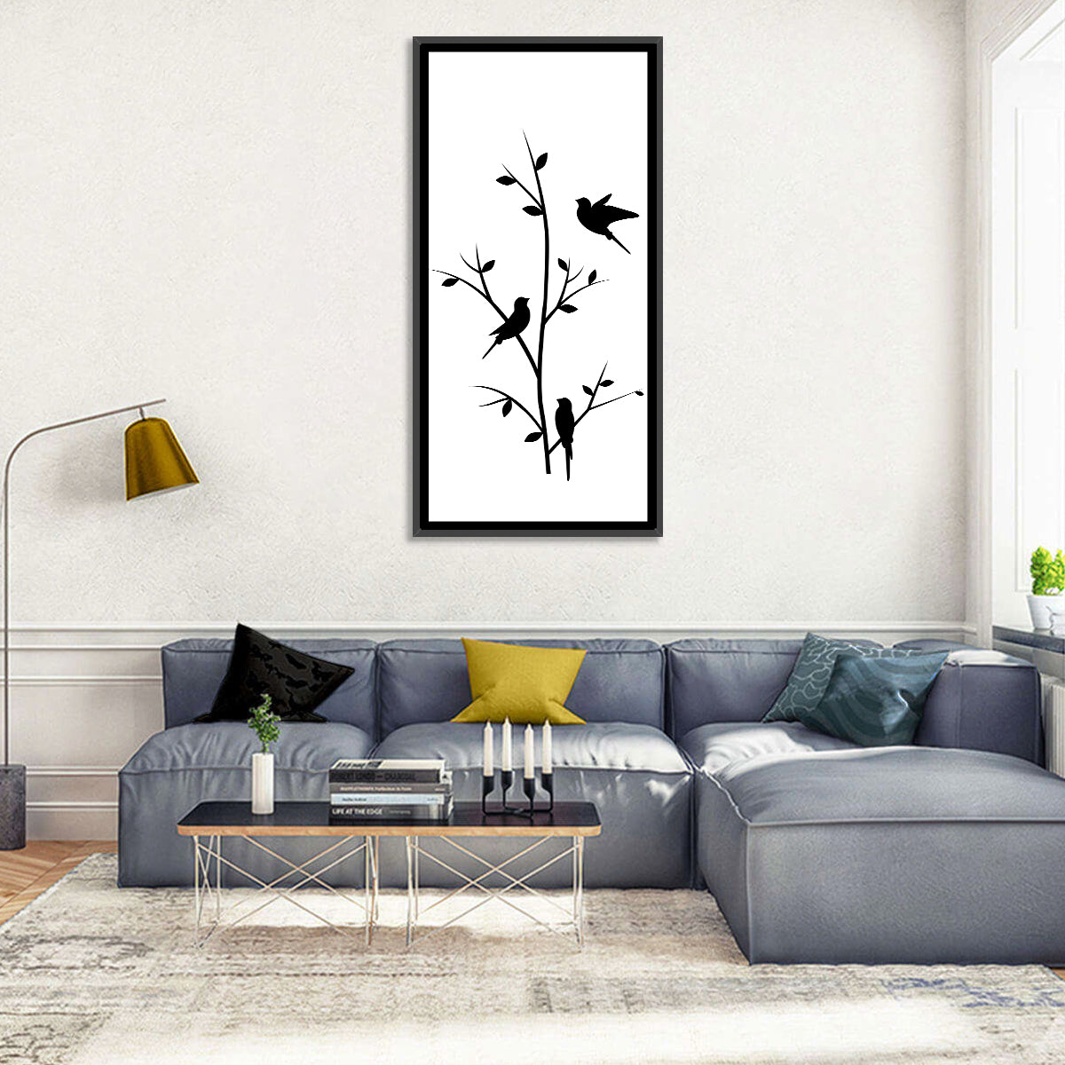 Three Birds on Branch Silhouette Wall Art