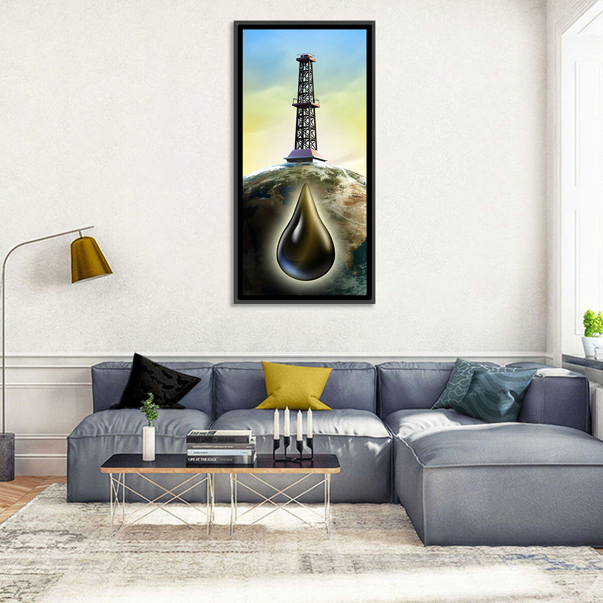 Oil Derrick with Glowing Drop Wall Art in a room, portrait