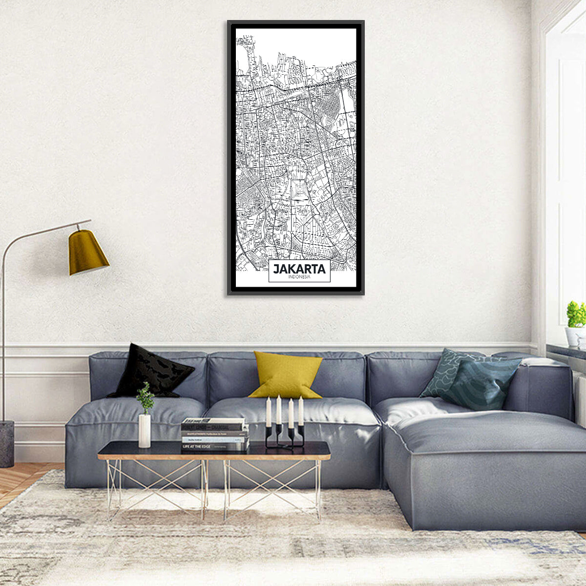 Jakarta Street Grid Map Wall Art in a room, portrait