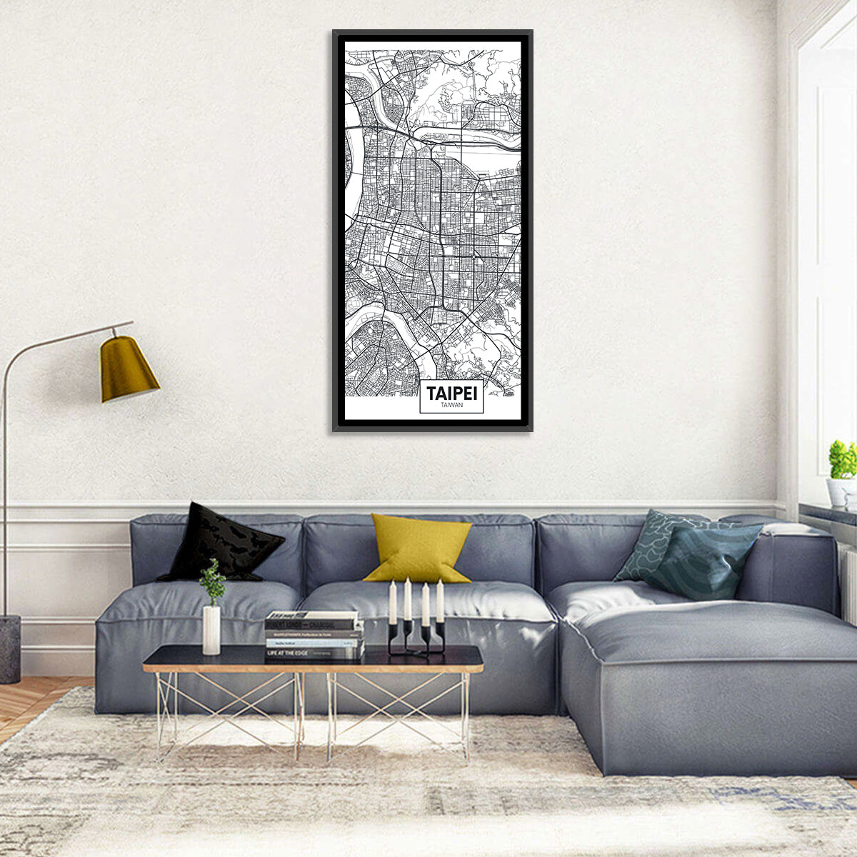 Taipei Street Grid Map Wall Art in a room, portrait