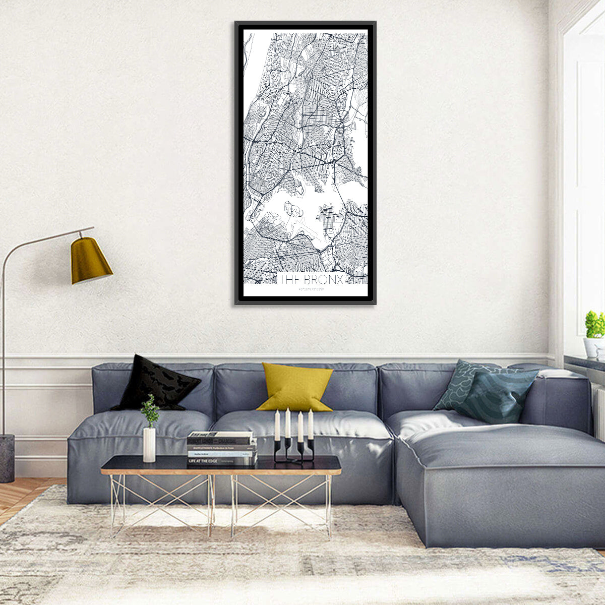 Bronx Black and White Map Wall Art in a room, portrait