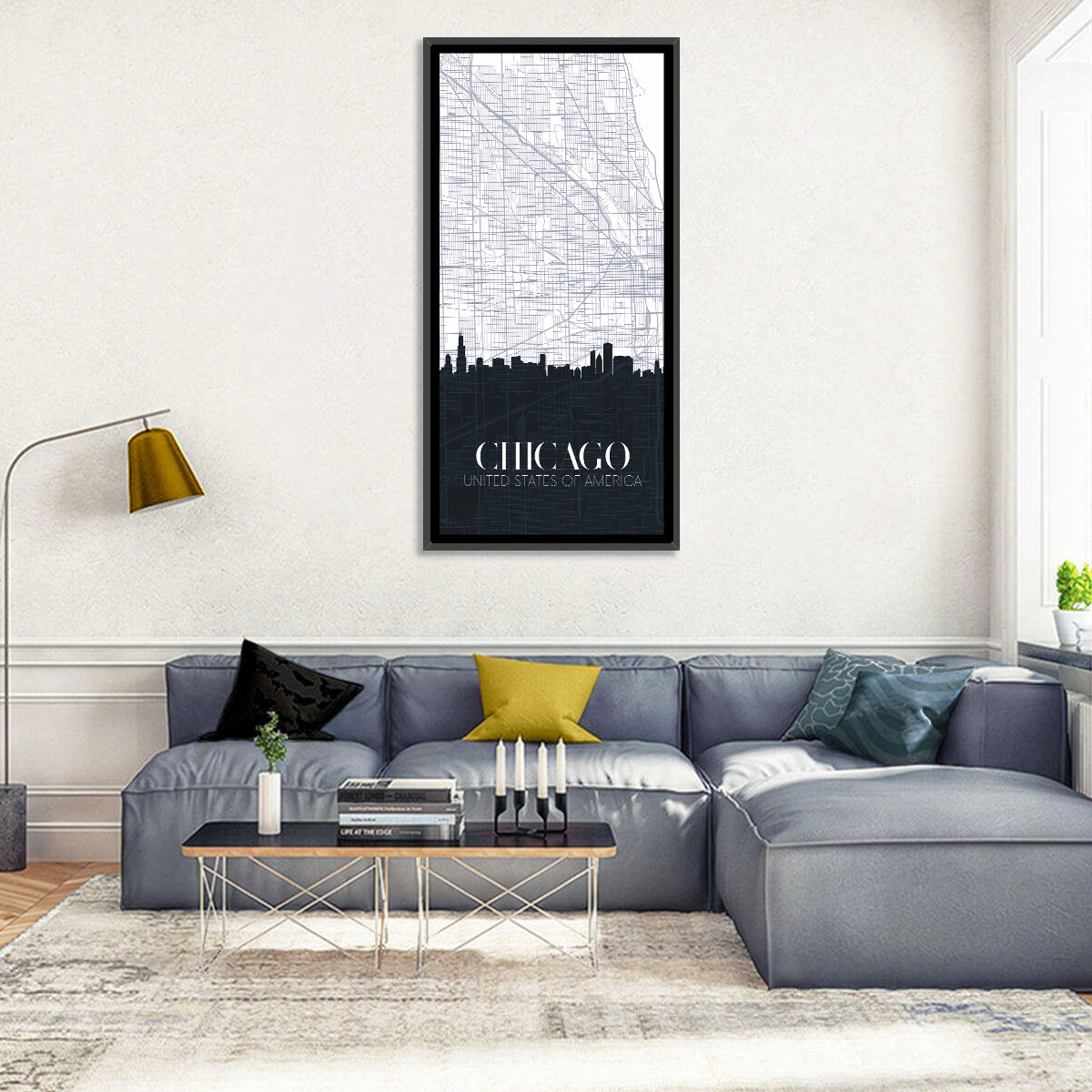 Chicago Skyline Map Wall Art in a room, portrait