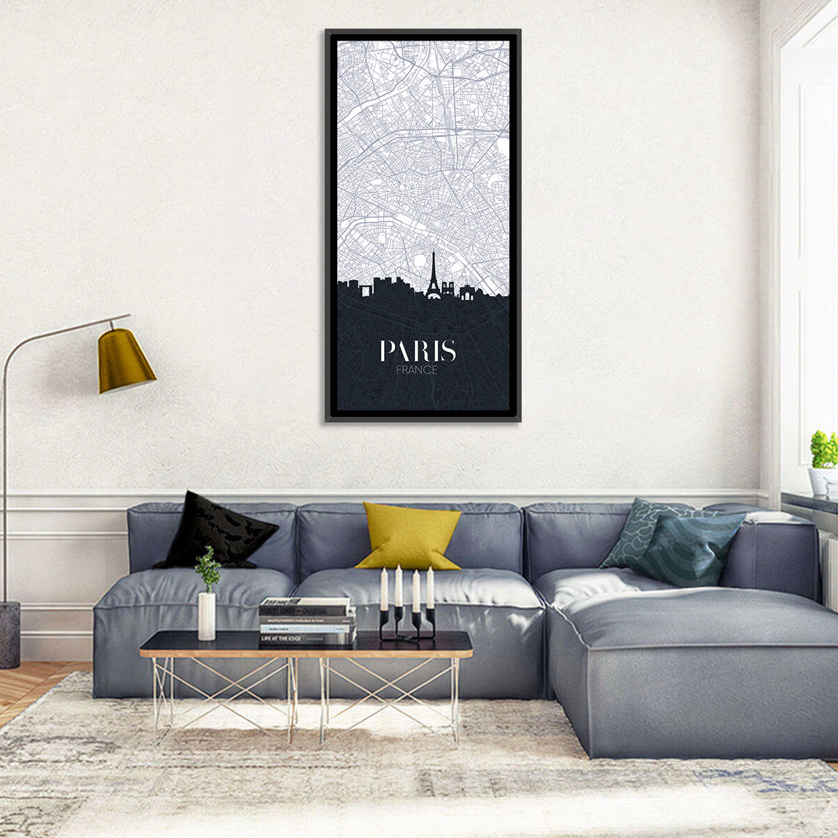 Paris Map with Eiffel Silhouette Wall Art in a room, portrait