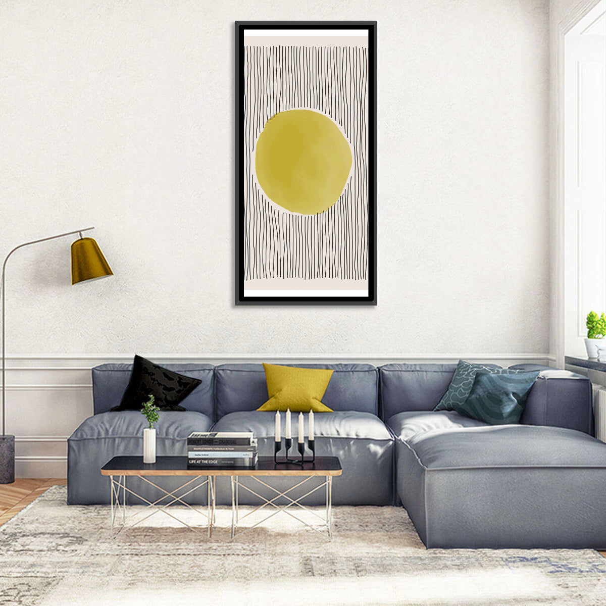 Watercolor Circle Minimalist Abstract Wall Art in a room, portrait