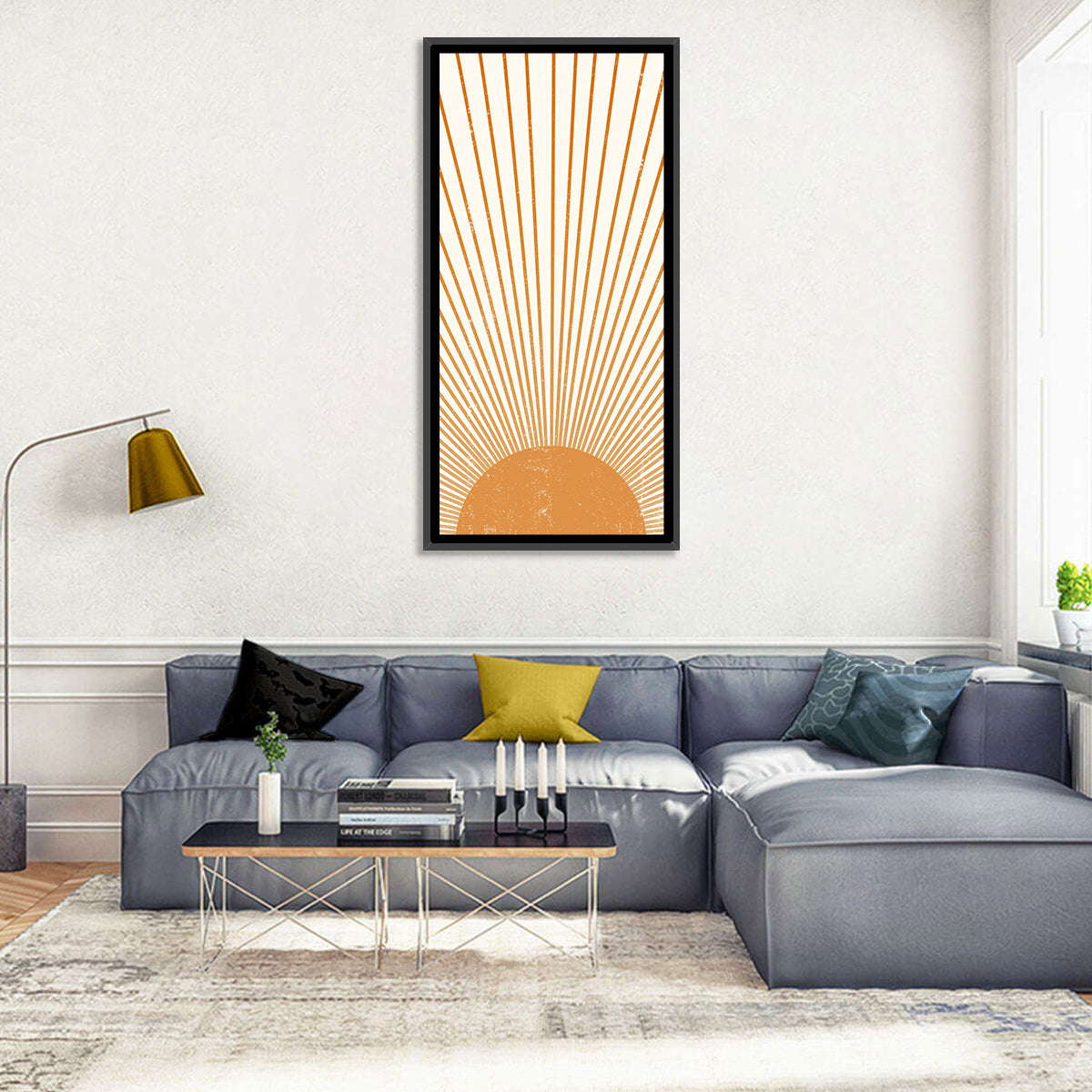 Distressed Sunburst Minimalist Wall Art in a room, portrait