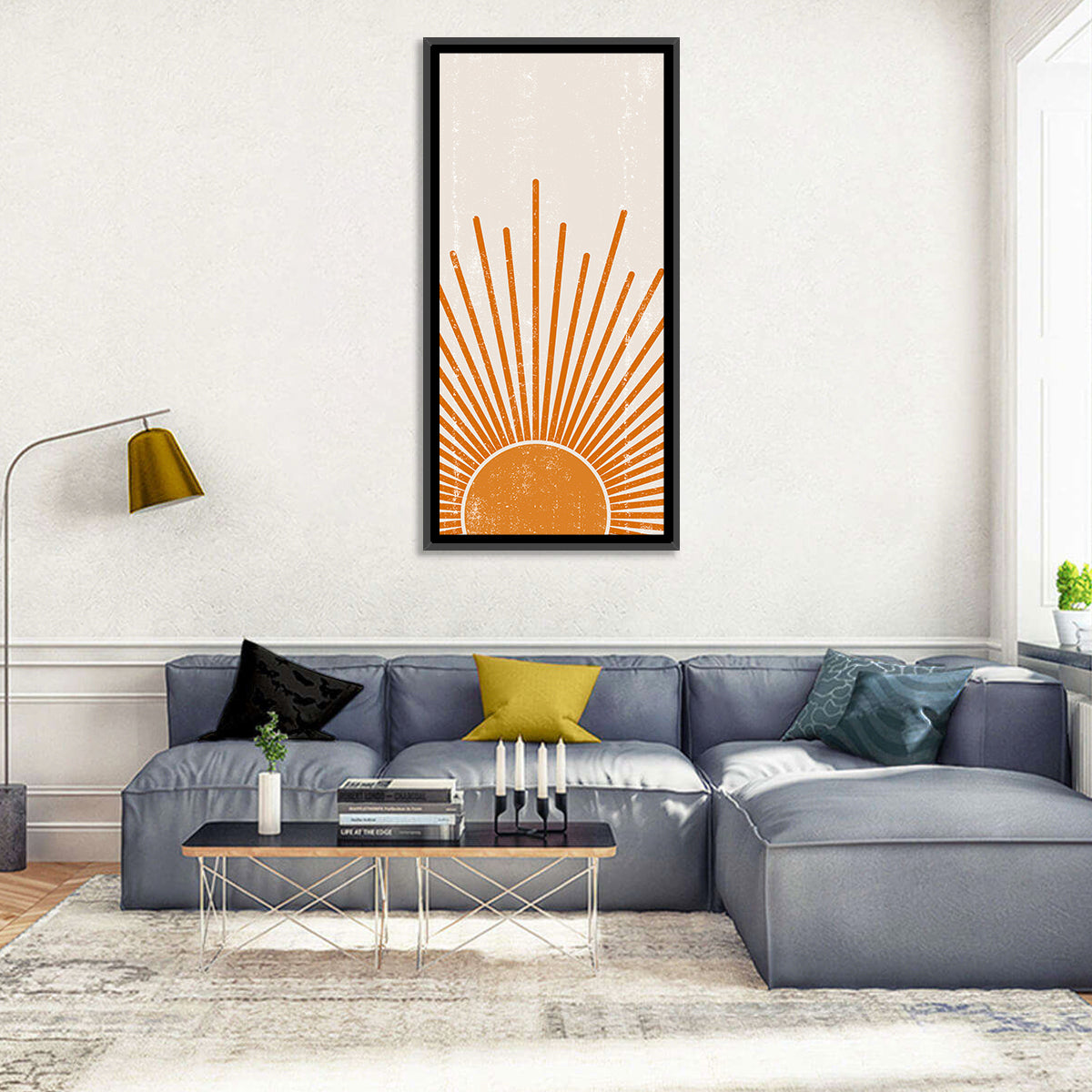 Warm Boho Sun Illustration Wall Art in a room, portrait