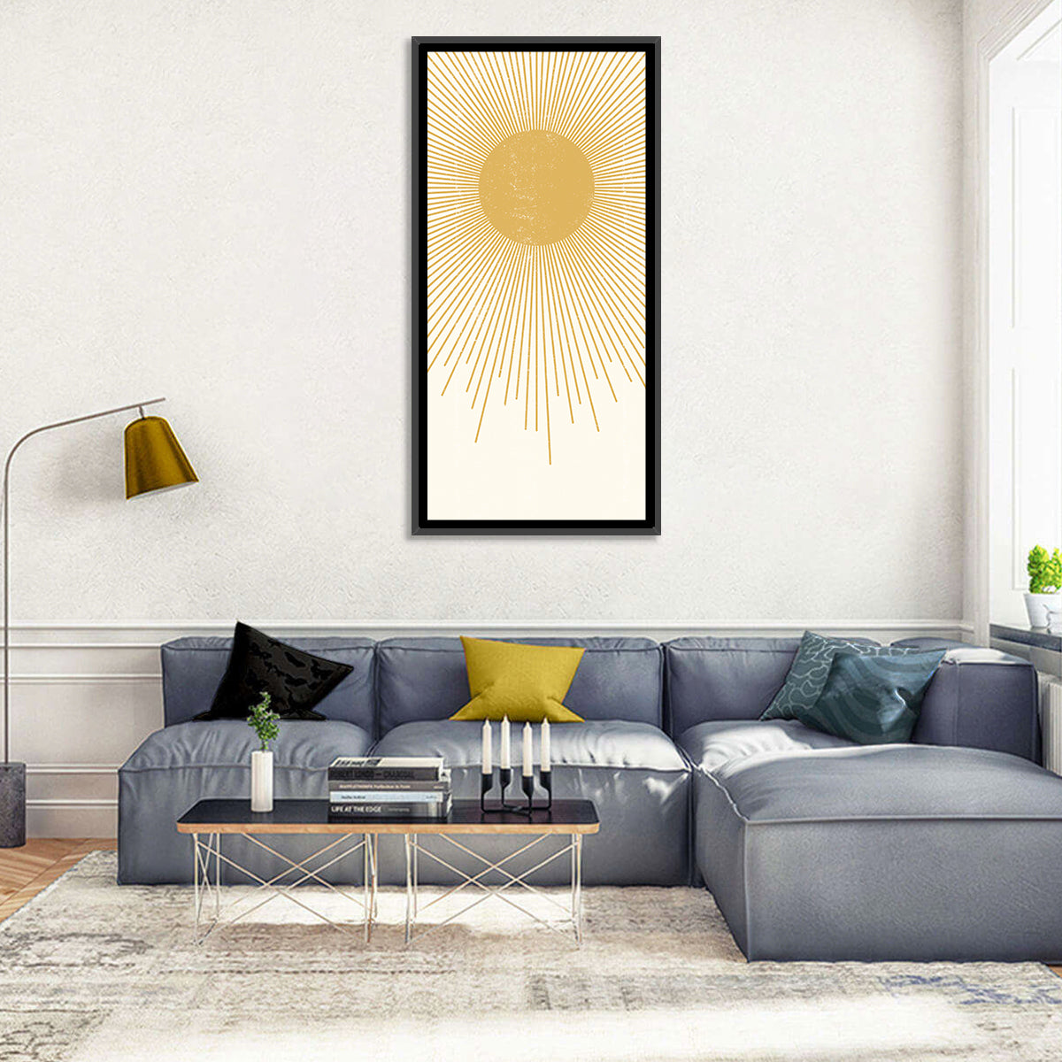 Textured Sunburst Abstract Wall Art in a room, portrait
