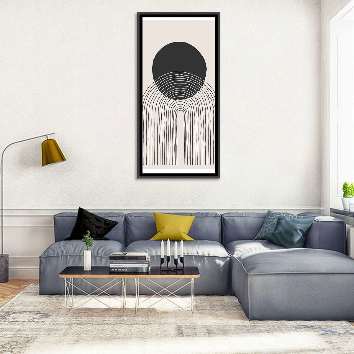 Minimalist Black Sun Wall Art in a room, portrait
